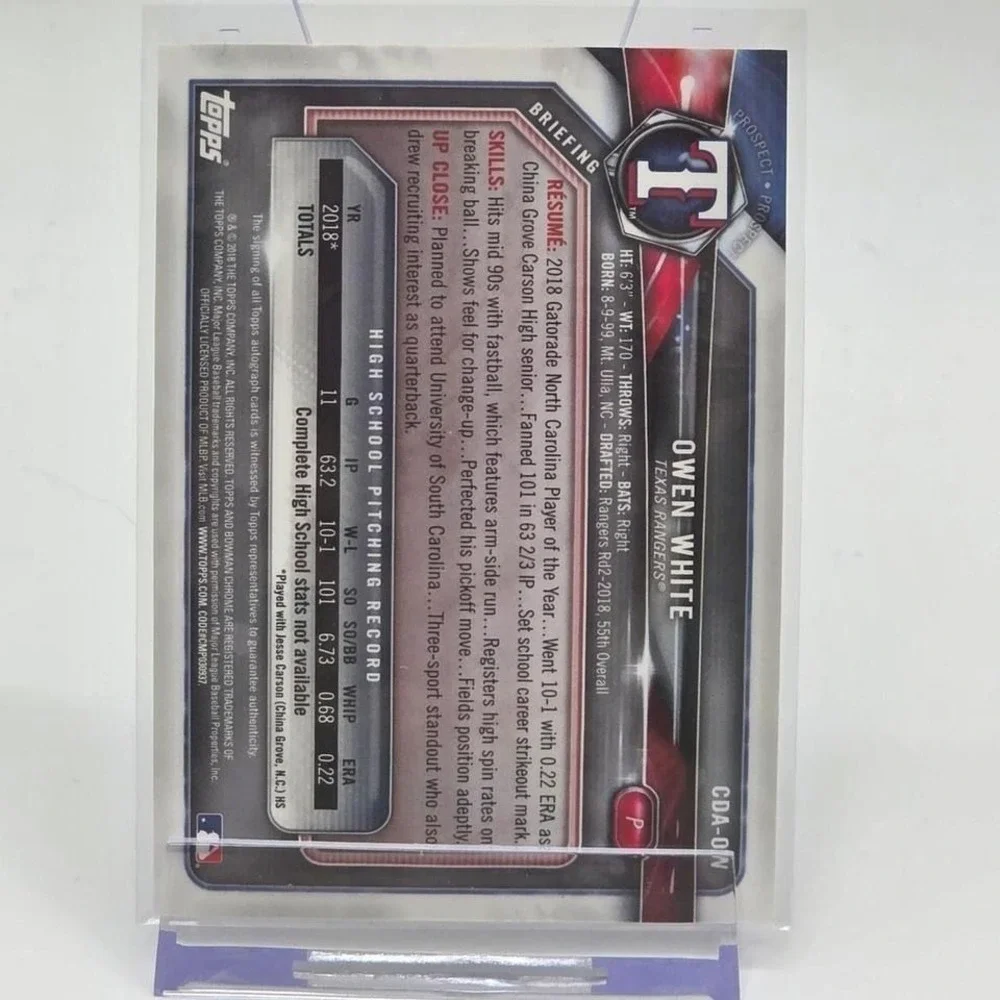 2018 Bowman Chrome Owen White 1st Bowman Auto Texas Rangers CDA-OW Signed Card